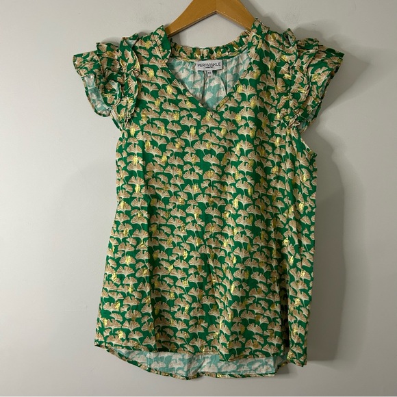 Periwinkle Collection Boutique Green Metallic Gold Printed Ruffle Blouse - Picture 4 of 8
